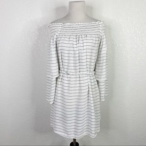 Faithfull The Brand White Striped Smocked Off The Shoulder Mini Dress